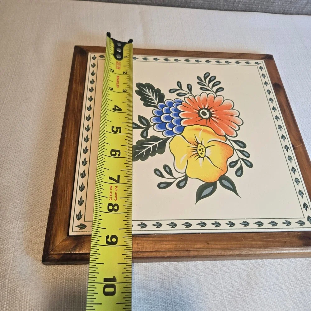 Vintage Sanyo Color Tile Framed Floral Wall Art Ceramic Trivet Japan 8.5x8.5